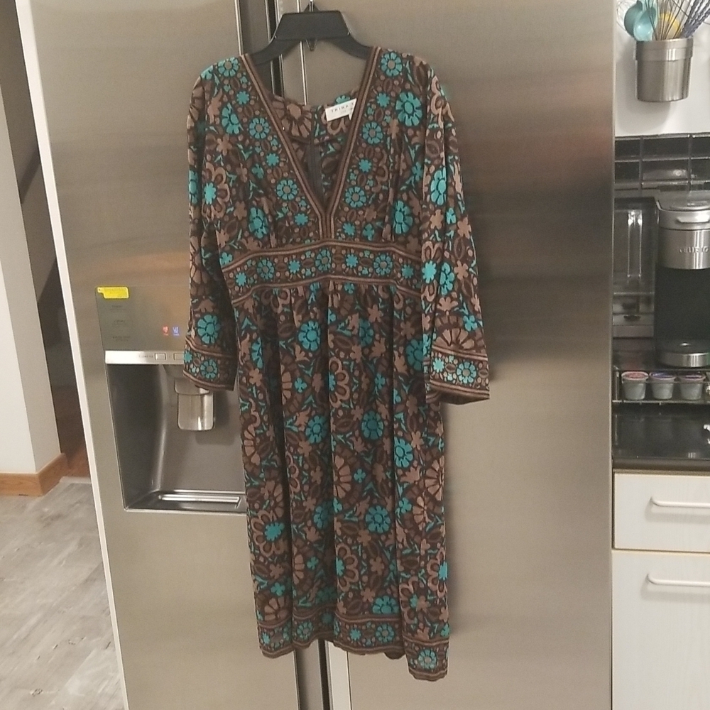 💕TRINA TURK💕 V-Neck Dress 8 Brown Aqua Abstract Floral Print